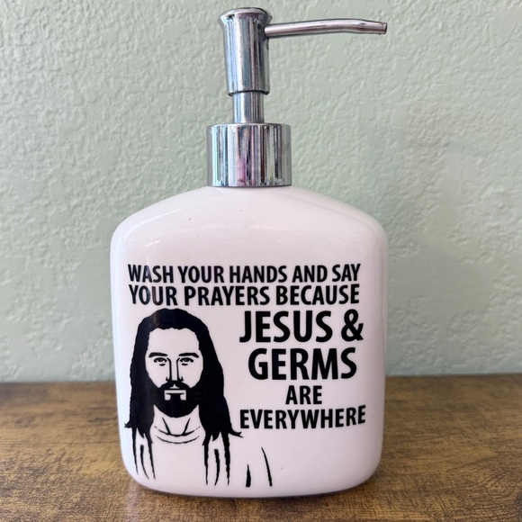 Jesus & Germs Our Name Is Mud Soap Dispenser Ceramic White Elephant Gift Funny - Picture 1 of 6